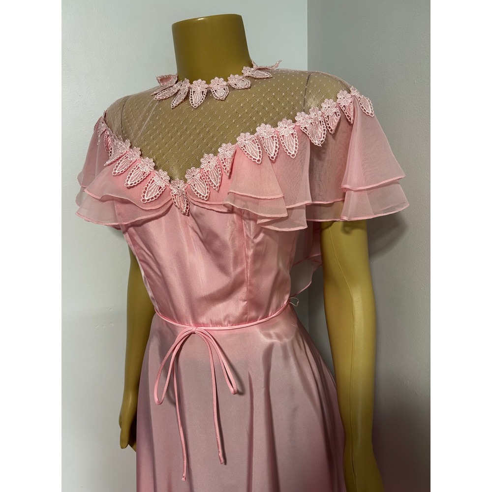 Vintage 70s Pink Maxi Dress Lace Mesh Yoke Flutter Sleeve Romantic Prom 9/10 - Picture 2 of 6
